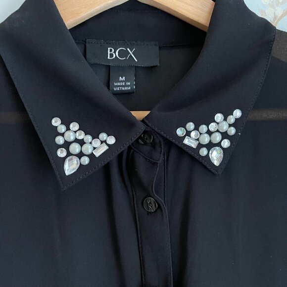 BCX Sheer Button Up Blouse Women's Size M Roll Tab Button Sleeves Embellished Co - Picture 3 of 7